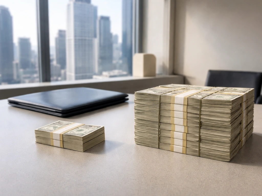 Minimal desk scene with two different-sized cash stacks suggesting an estimated net worth range.