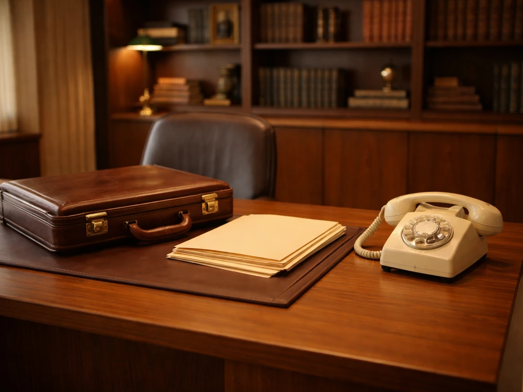 1970s-style private equity office with a leather briefcase and folders on a desk