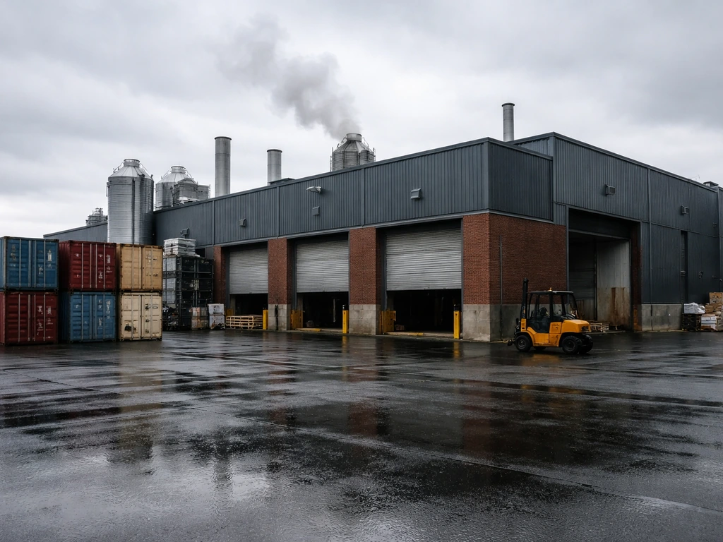 Minimal photo of an industrial mill facility with steel buildings, containers, and light steam.