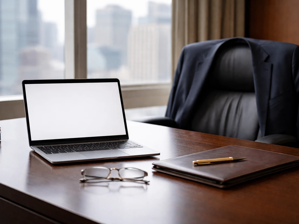 Minimal business scene: executive desk with laptop and a crisp suit jacket, suggesting leadership and finance.