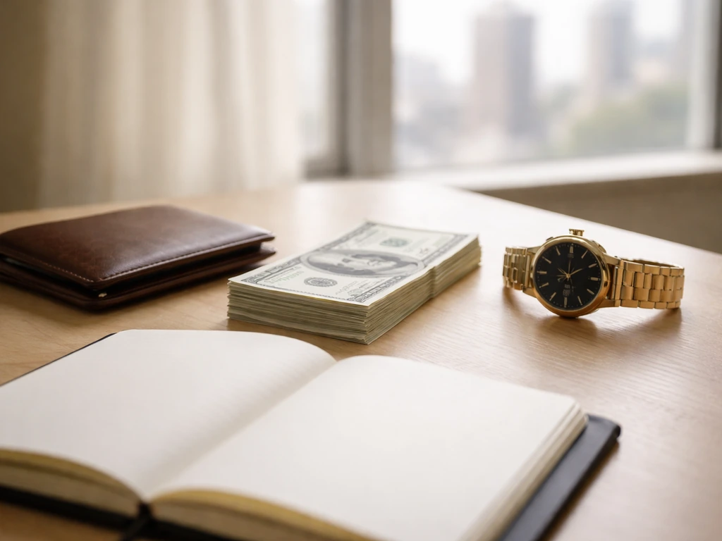 Minimal photo of a business desk with cash and an open notebook, suggesting estimated net worth range