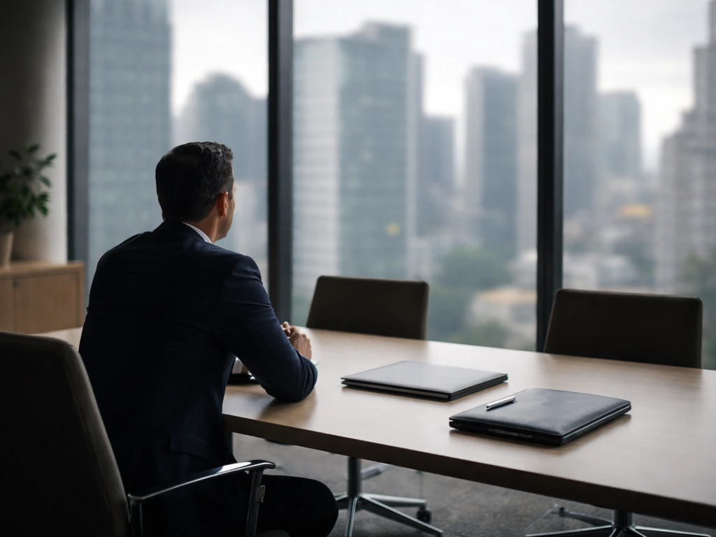 An anonymous executive sits in a quiet financial office with skyline view, symbolizing ownership and corporate change.