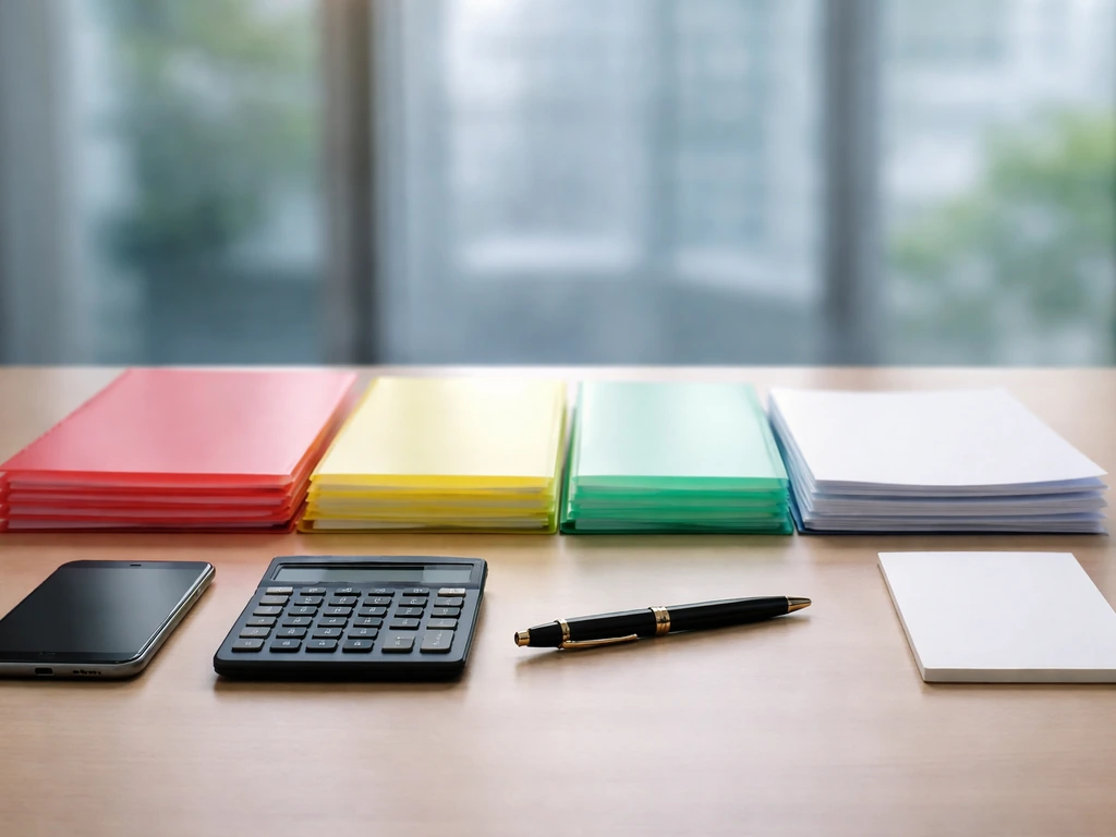 Minimal business desk with calculator and four colored paper stacks arranged stepwise, symbolizing a bottom-up estimate.