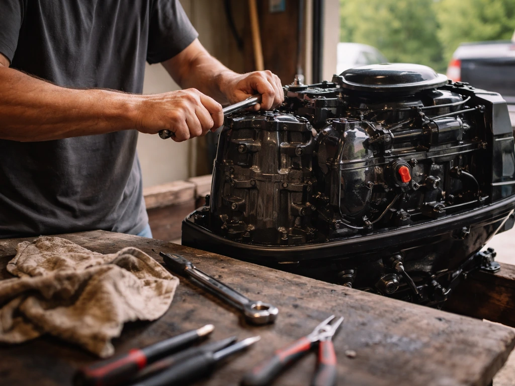 Close-up of hands working on a boat engine in a quiet garage, evoking an automotive creator’s world.