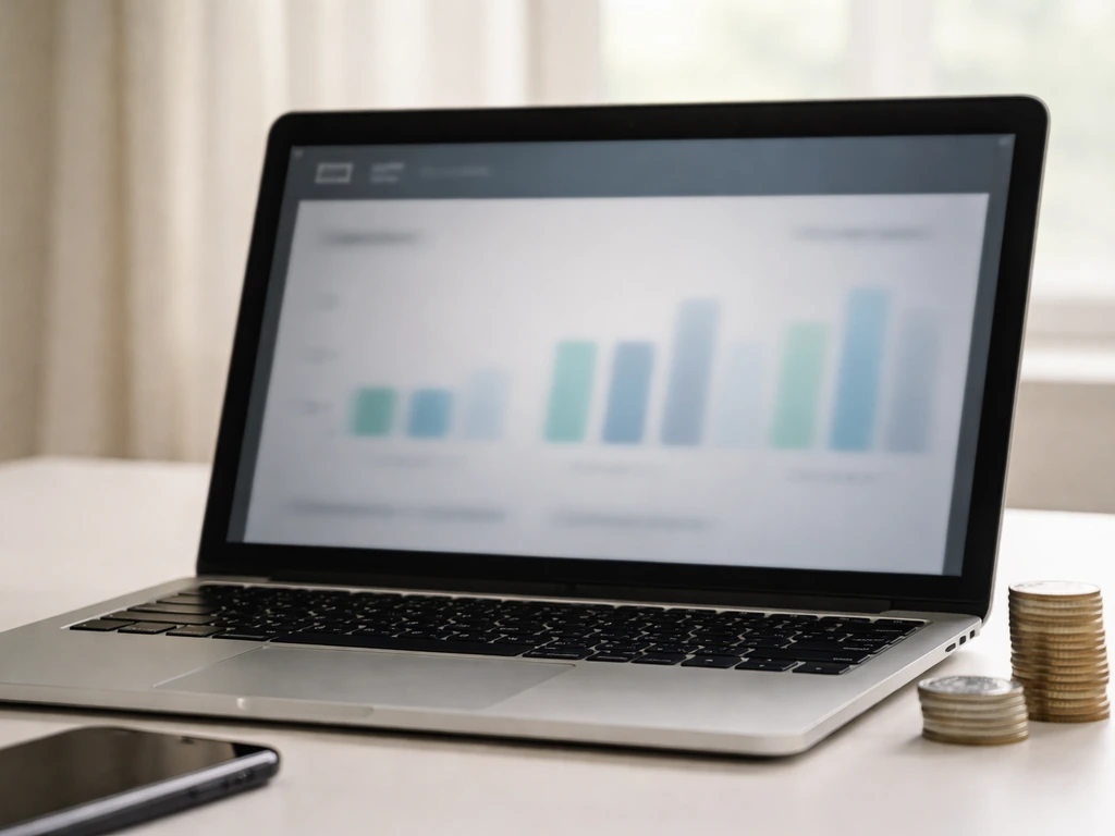 Minimal desk scene with laptop screen glow and coins, suggesting fluctuating online ad revenue estimates.