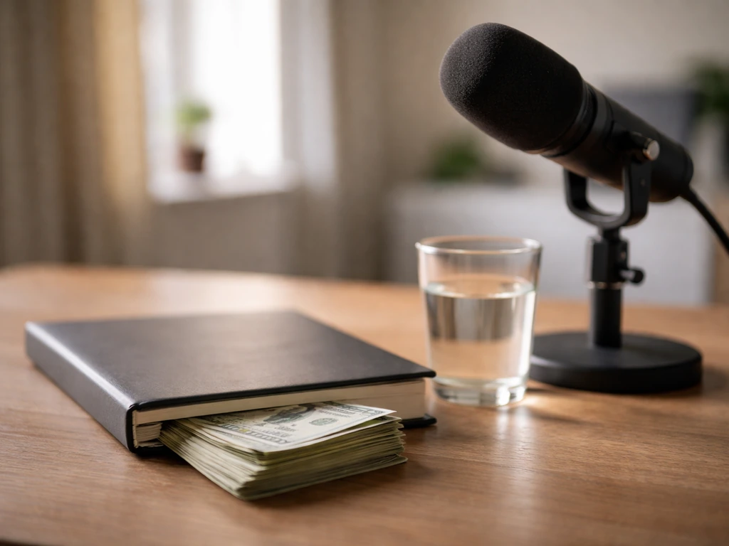 Minimal desk scene with cash and a media microphone, symbolizing low/base/high net worth scenarios.
