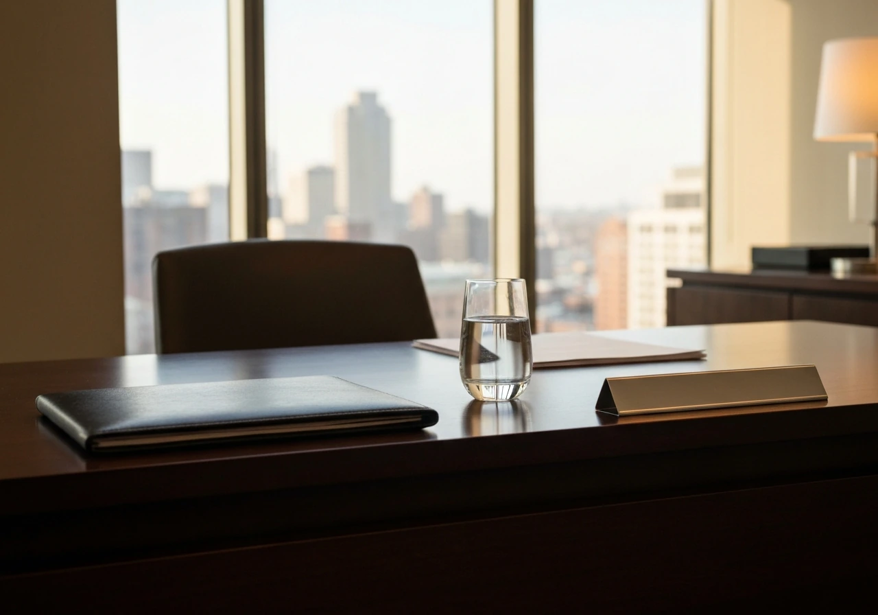 Minimal luxury office desk with a portfolio and blurred city view, evoking a corporate executive setting.