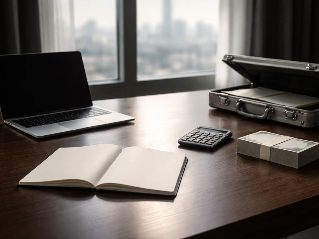 Minimal finance desk with laptop, calculator, and wealth symbols in natural light, no text or people.