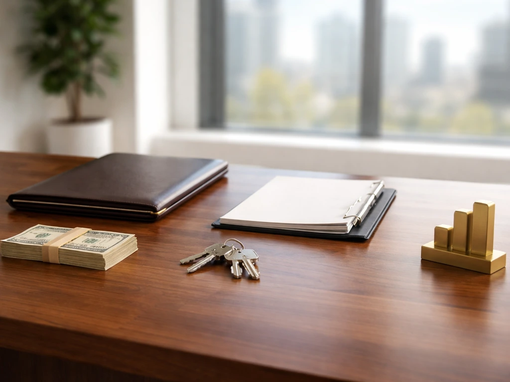 Real estate CEO wealth concept: polished desk with cash, a key, and real-estate documents in soft light