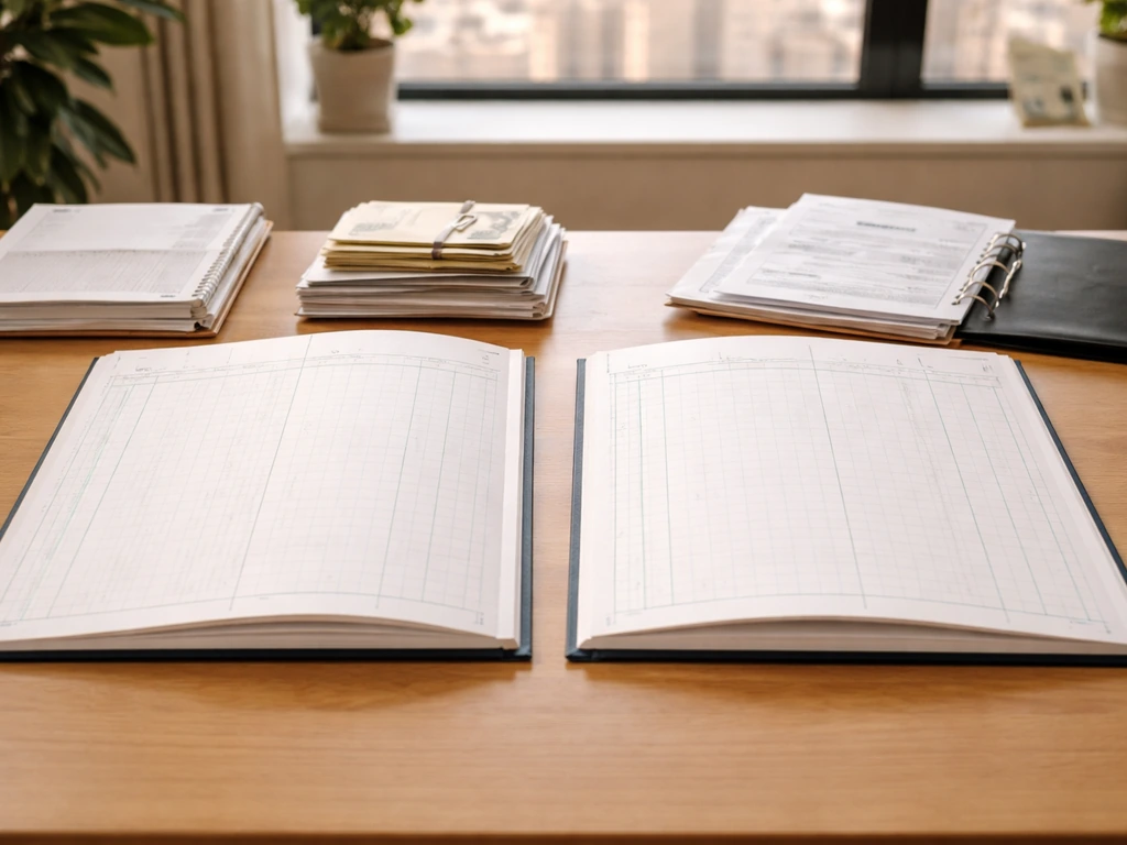 Minimal desk scene with open blank ledgers and money/document stacks symbolizing assets minus liabilities.