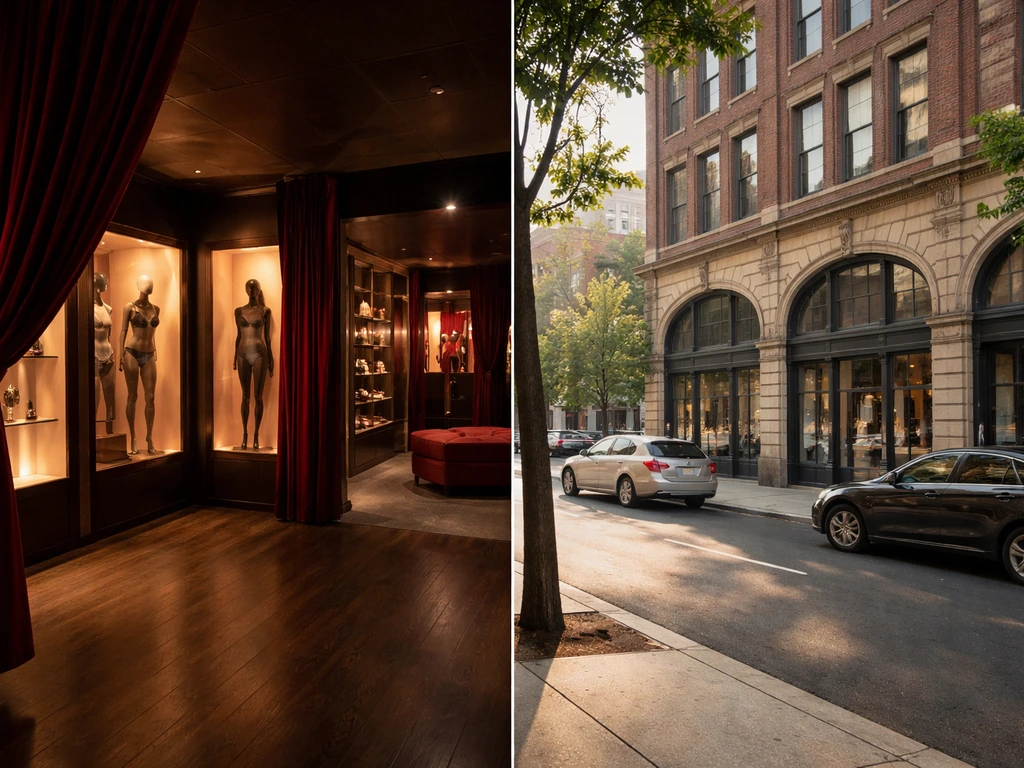 Split image: dim adult venue atmosphere on the left and a Philadelphia street with commercial buildings on the right.