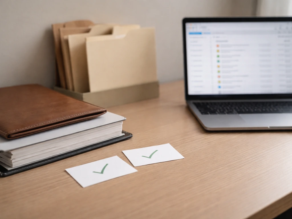 Minimal office scene with folders, a document binder, and verification checkmarks symbolizing public-record review