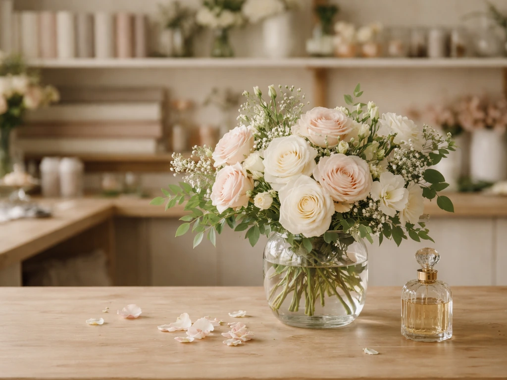 Luxury LA floral studio with elegant bouquets and a perfumer’s glass bottle on a wooden worktable