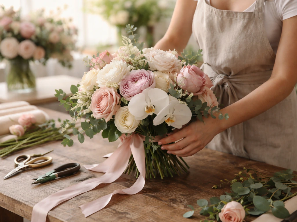 Luxury florist arranging an opulent high-end bouquet in a bright studio