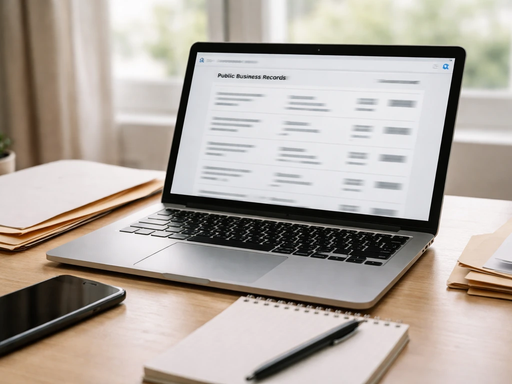 Close-up of a laptop search workflow on a desk with blurred business records for verification.