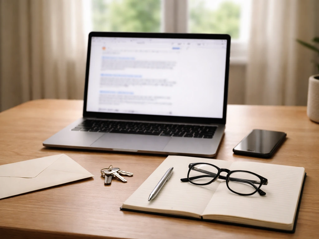 Minimal home-office desk with laptop and phone, symbolizing verifying which person matches a name.