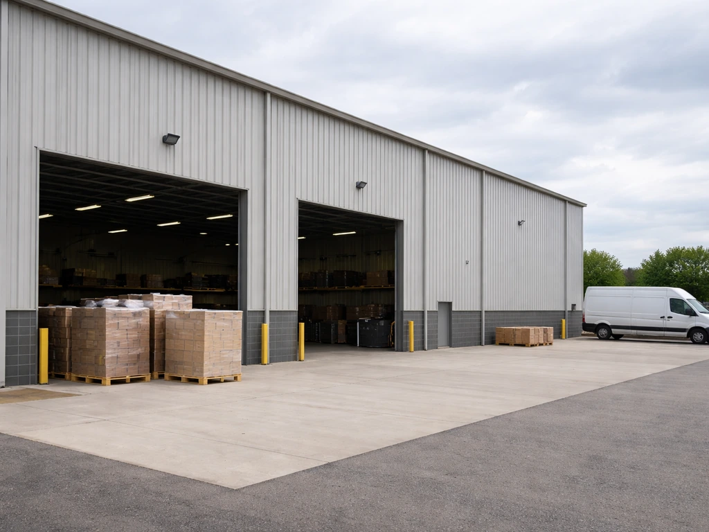 Exterior of an automotive parts distribution warehouse with loading bay and stacked pallets