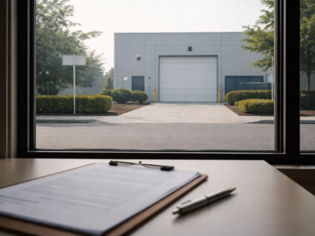 Minimal industrial building exterior with blurred street context and a property document folder in foreground.
