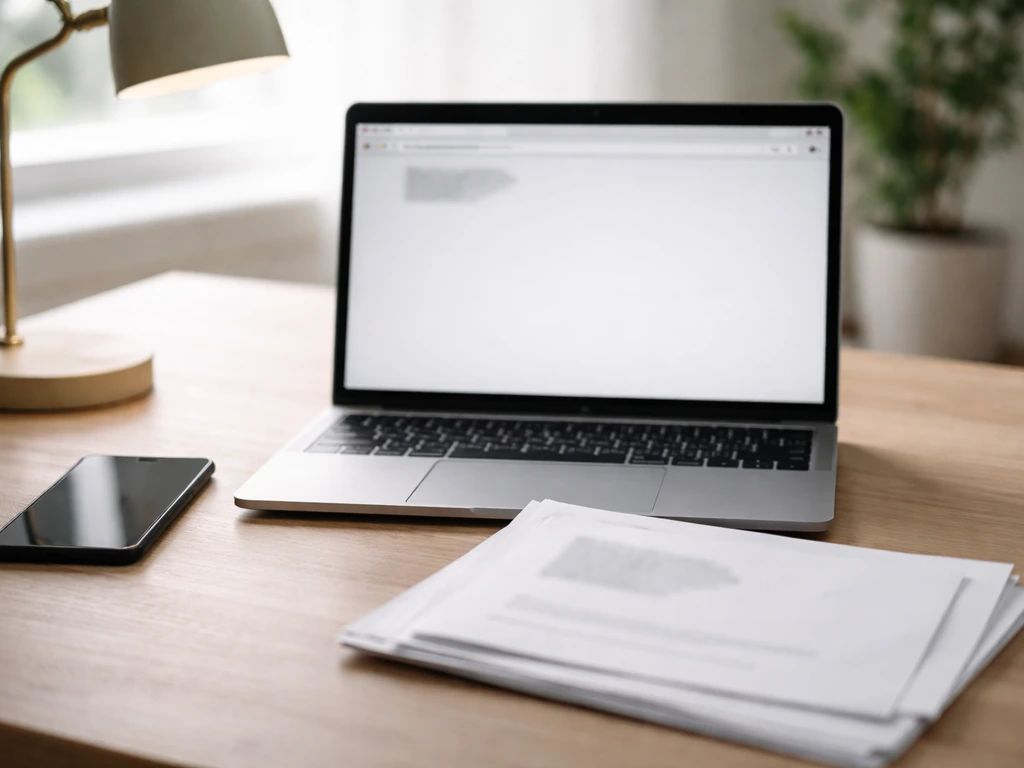 Minimal desk scene with laptop, phone, and blurred documents suggesting independent business record verification.