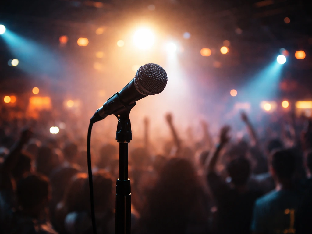 Close-up of a microphone on a stage with blurred concert lights and audience in the background.