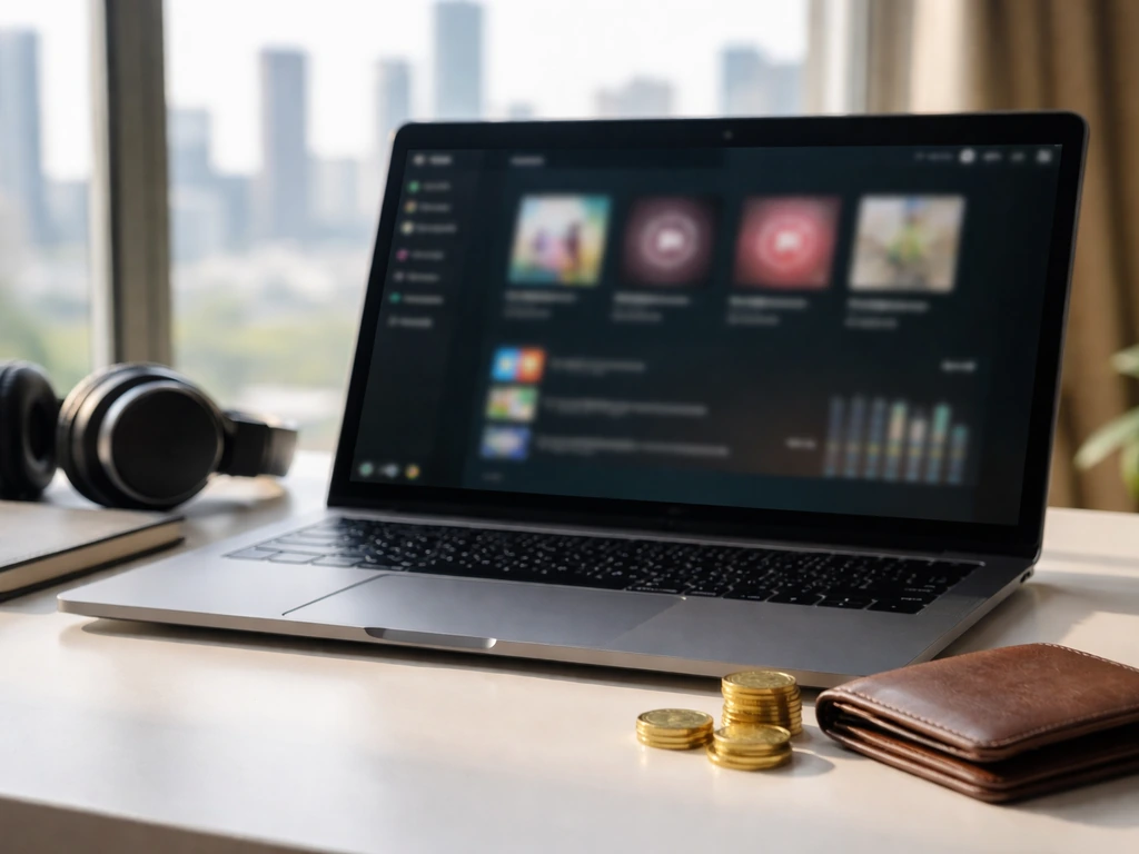 Minimal photo of a laptop on a desk with streaming apps and money-related atmosphere, conceptual royalties