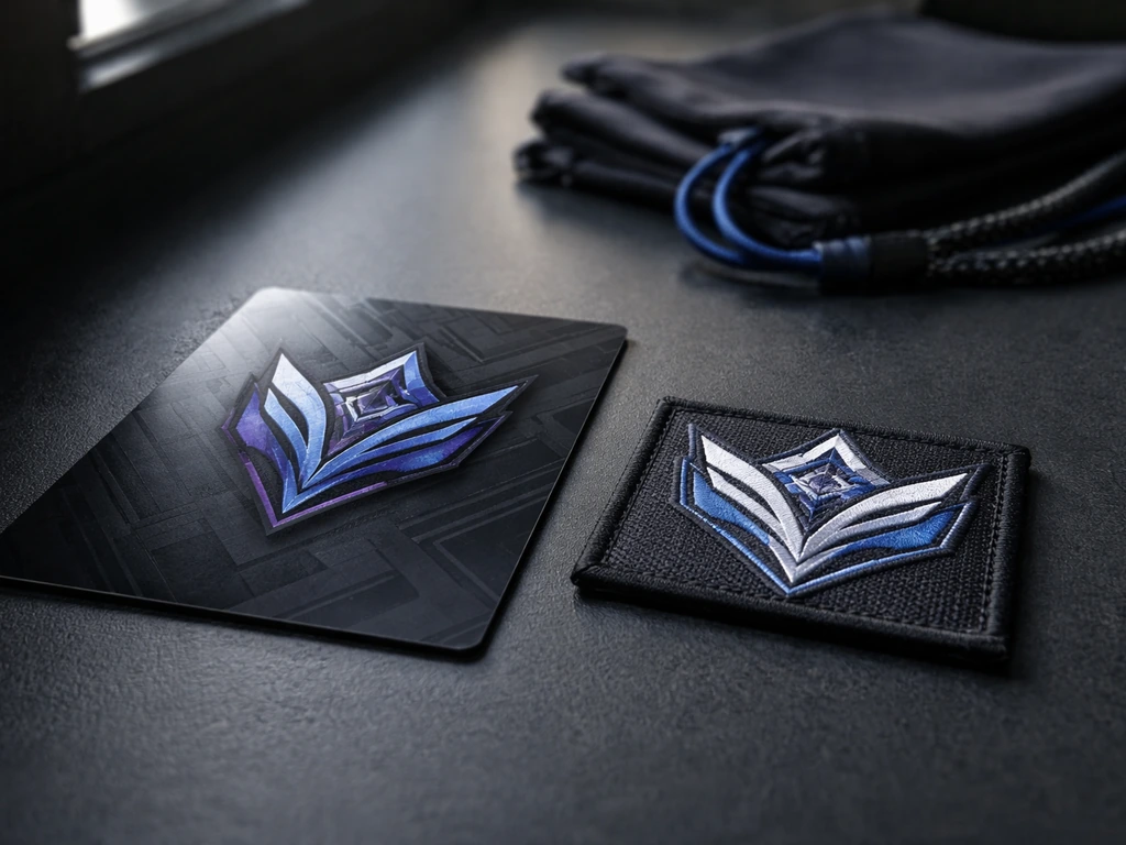 Close-up of a gaming esports event merch card and branded patch on a dark tabletop