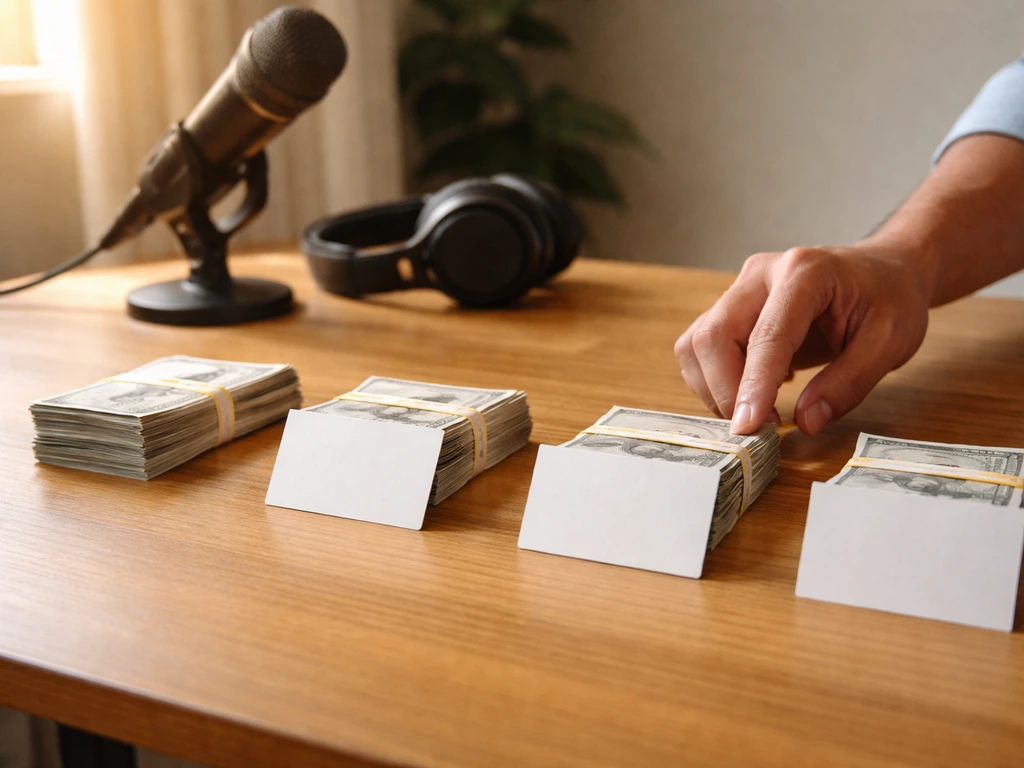Anonymous hands arrange blank milestone cards next to cash bands and a studio microphone on a desk.