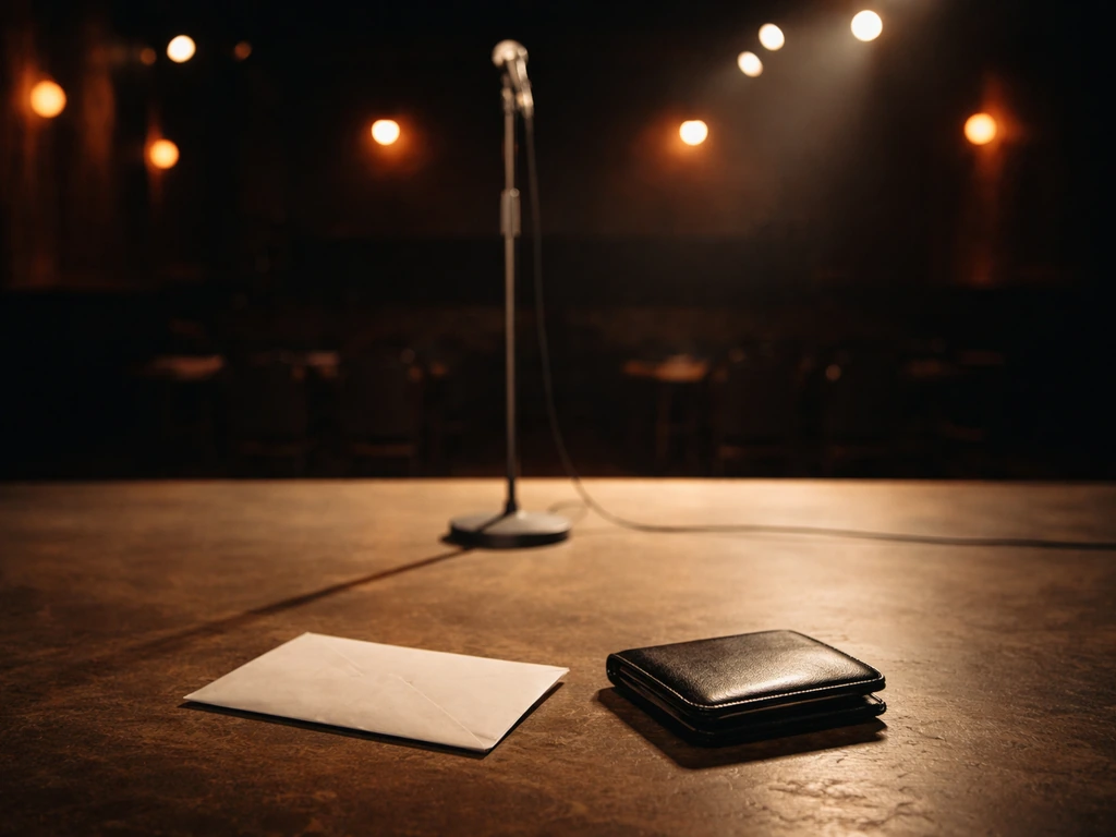 Minimal photo of a comedian’s microphone on a small stage next to a simple cash envelope, representing touring earnings