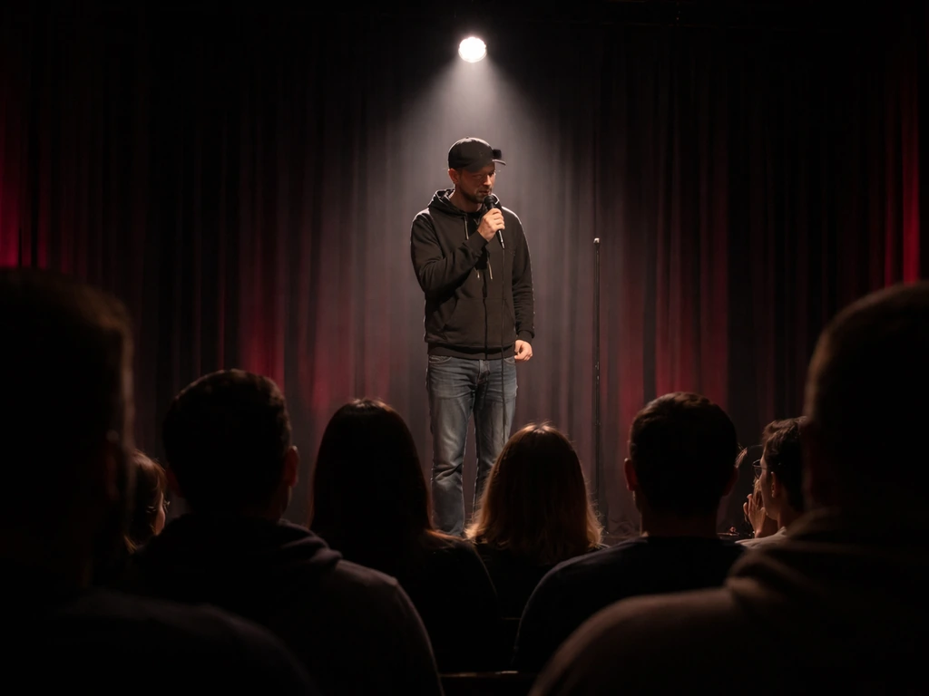 Anonymous comedian on a small stage with microphone and cinematic streaming-style lighting