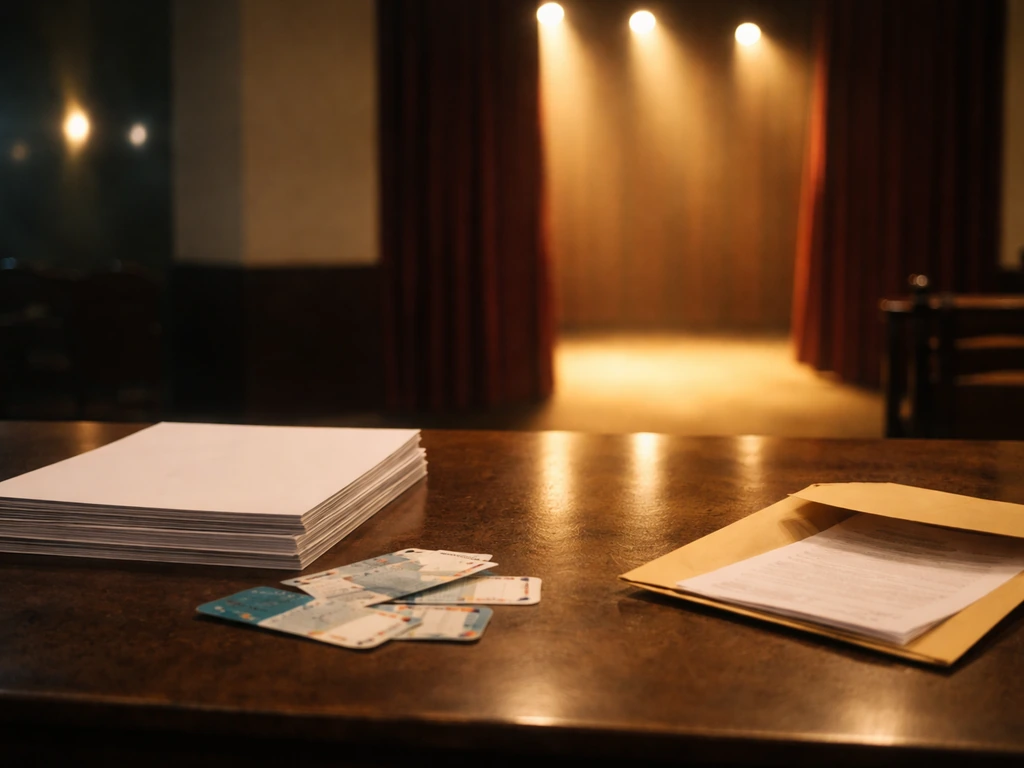 Tour poster and venue ticketing counter with warm stage lights, hinting at revenue vs costs