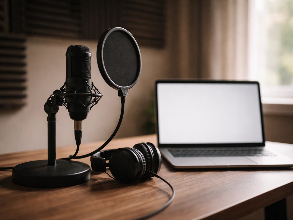 Close-up of a podcast microphone in a quiet studio with a dim spotlight and a laptop beside it