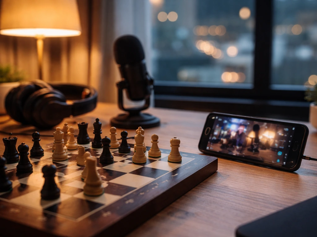 Chessboard and studio gear on a desk beside a smartphone, symbolizing chess and online streaming.