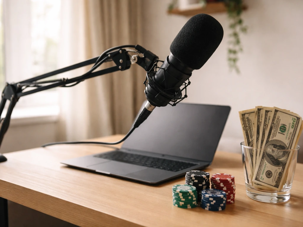 Minimal photo of a creator income mix: mic, laptop, and a glass of cash in a tidy home studio