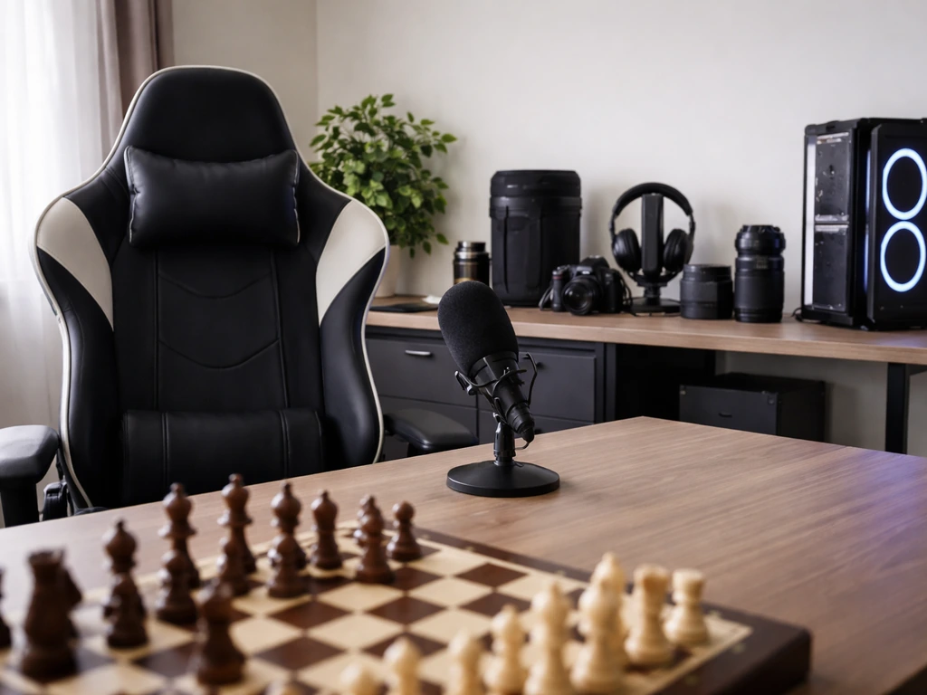 Chess-themed desk setup with a studio microphone and branded gear signifying creator sponsorship deals
