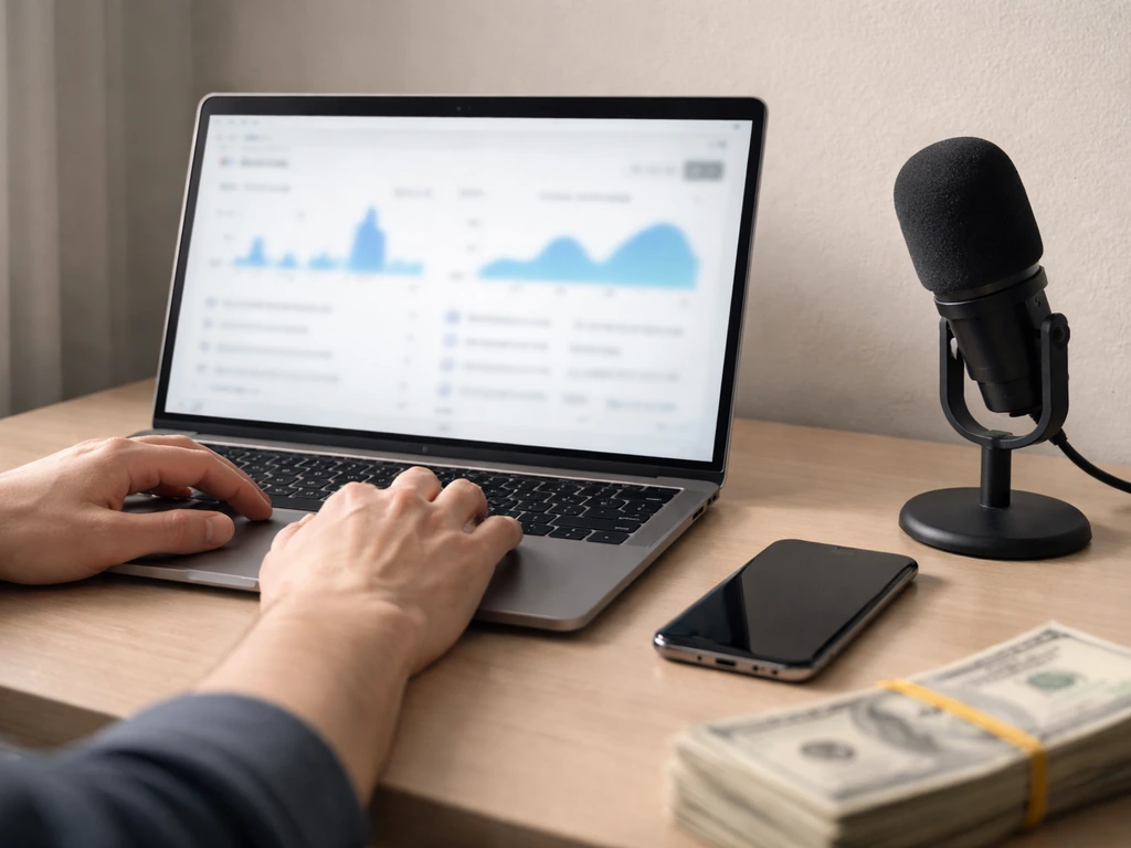 Minimal desk scene with a laptop showing blurred analytics-style visuals and a microphone, symbolizing public media metr