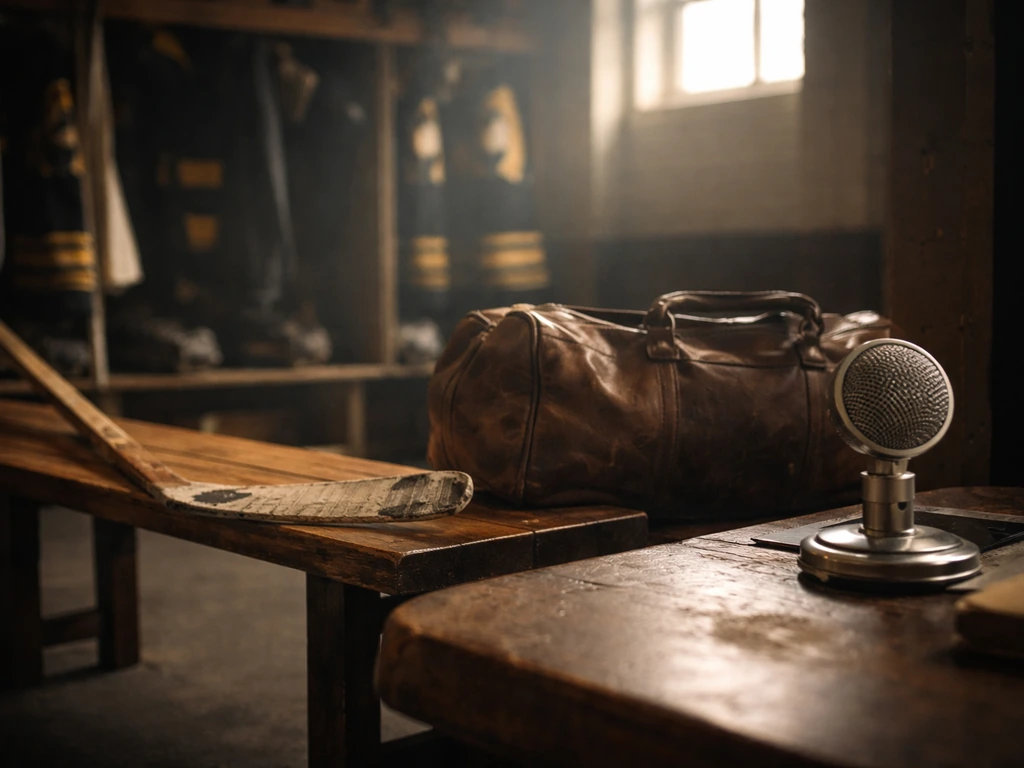 Vintage hockey-themed desk scene with a Bruins-era stick and old-style microphone, suggesting sports earnings