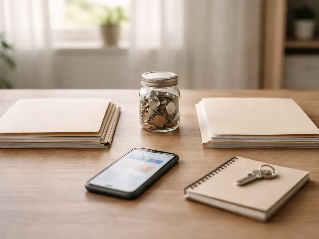 Minimal desk scene with blank folders, coins, and a phone to symbolize varying net worth estimates by source.