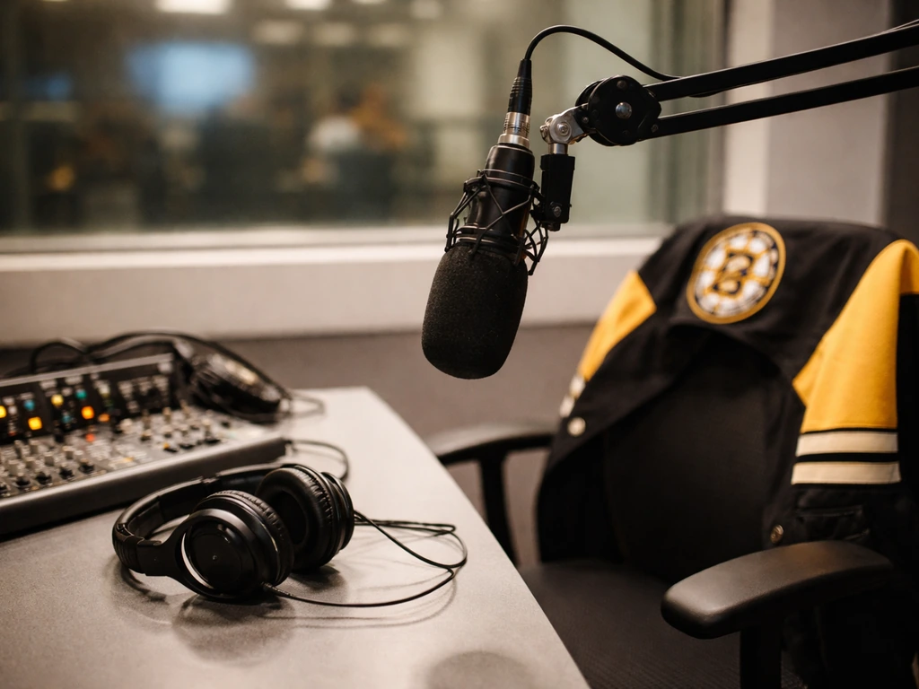 Empty Bruins-style radio broadcast booth with microphone and headphones, warm studio lighting, no people.