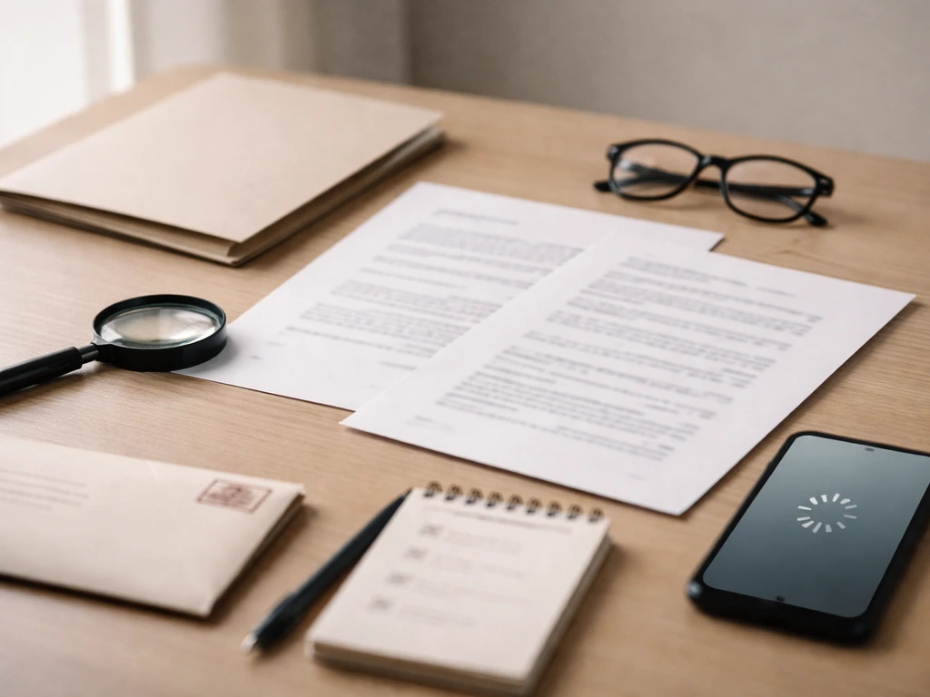 Desk with documents, folder, magnifying glass, and blurred notes implying cross-checking and verification steps.