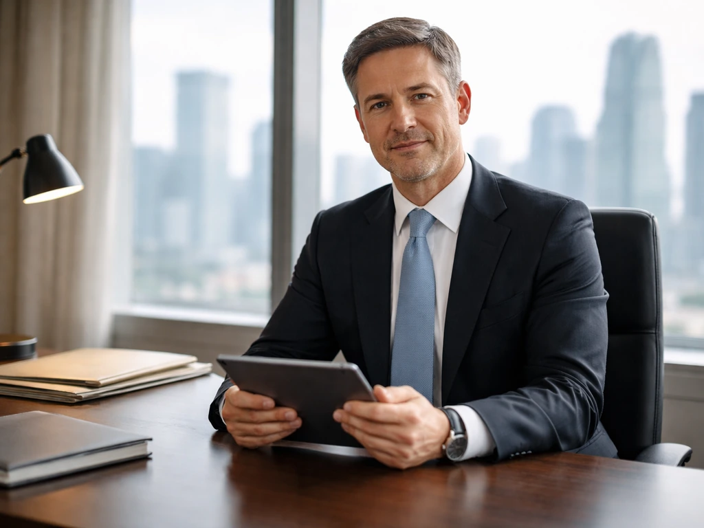 Anonymous senior banker in a modern high-rise office, suited and holding a tablet, with skyline behind.