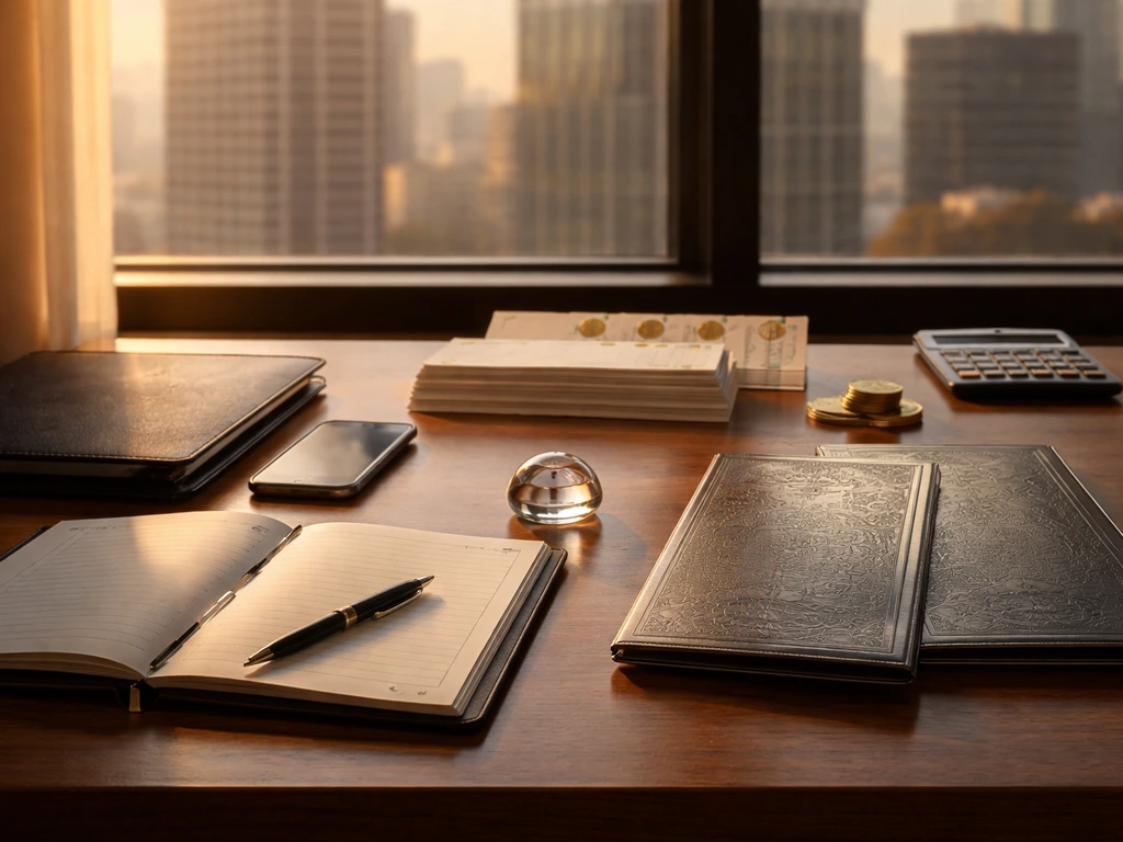 Tidy office desk with finance props symbolizing compensation, bonuses, and equity vesting cues.