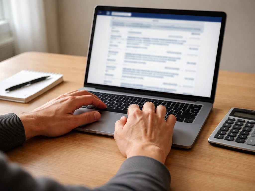 Anonymous hands reviewing a blurred laptop search-results page about corporate filings on an office desk.