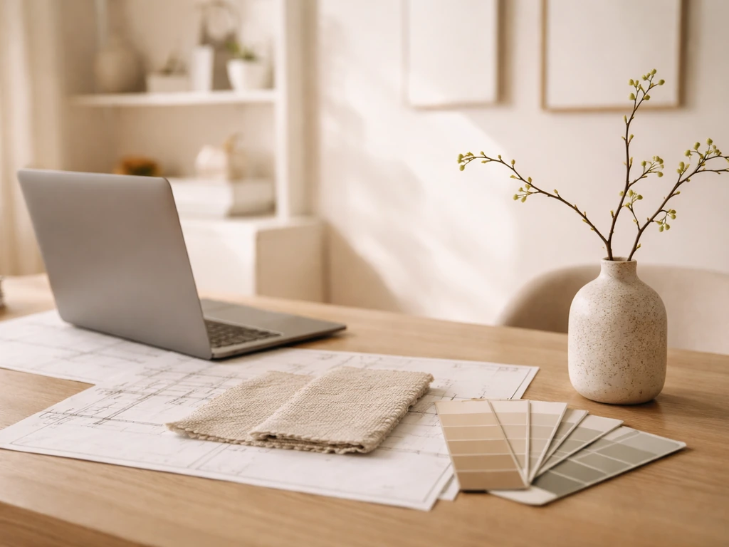 Designer-style office workspace with warm light, materials, and a laptop in a clean, upscale interior.