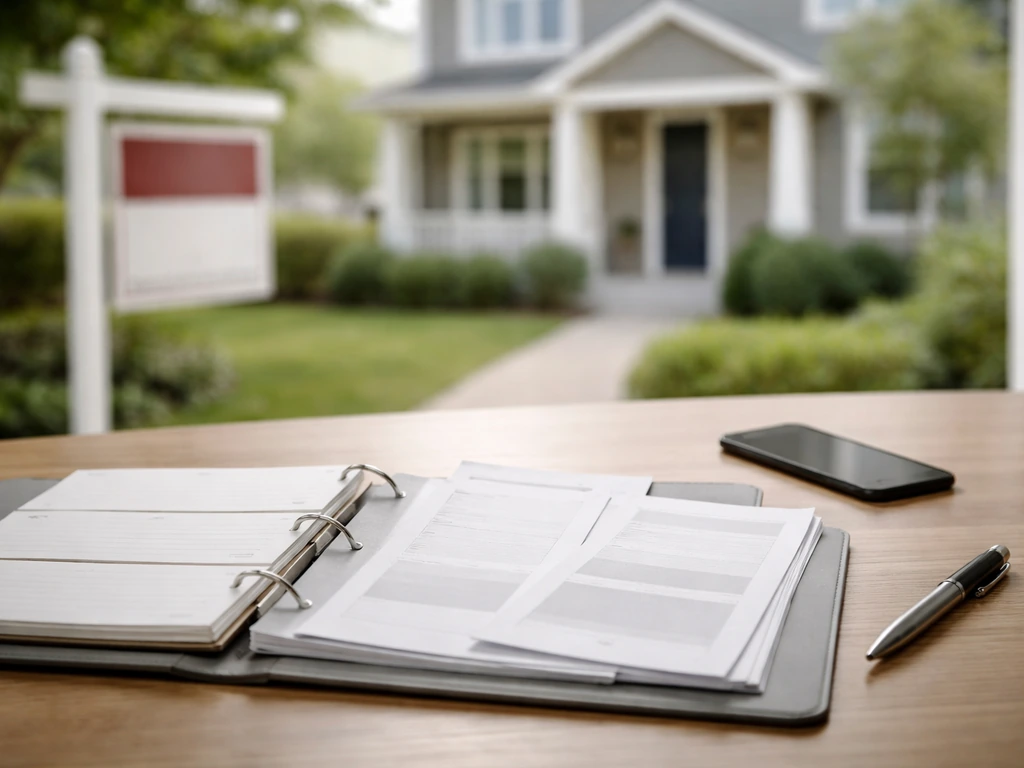 Open binder of blank cards on a desk beside an out-of-frame house exterior, suggesting real estate and investments.