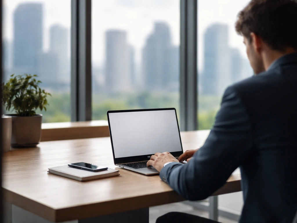 Anonymous professional working at a minimalist tech office desk with city view through the window.