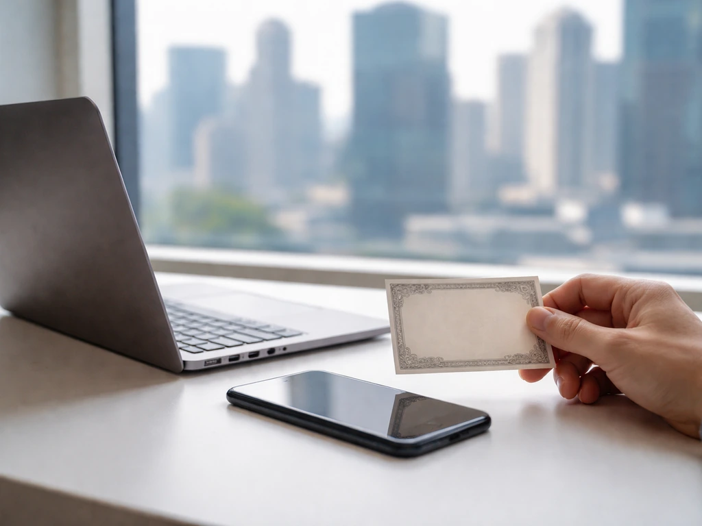 Minimal desk scene with a laptop and blurred city skyline, suggesting public-market equity wealth driver.
