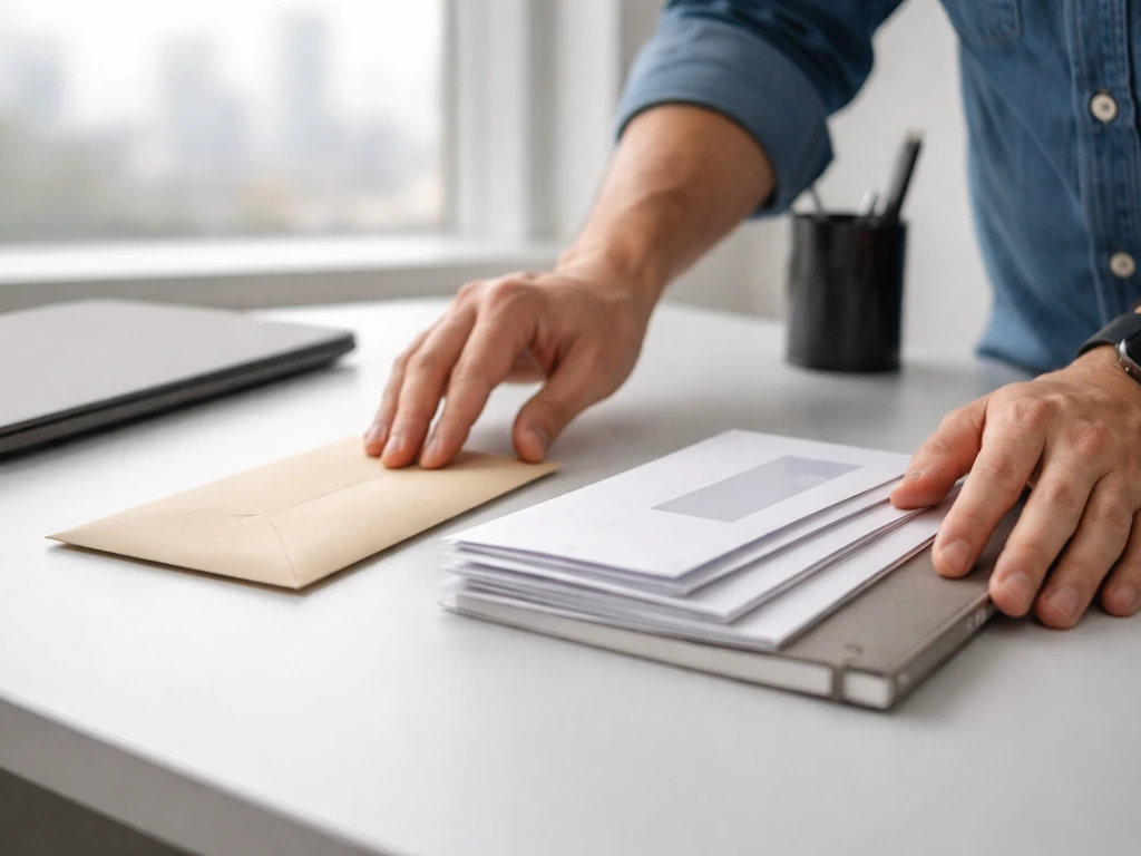 Hands on a desk arranging sealed envelopes and papers beside a laptop in a sunlit office.