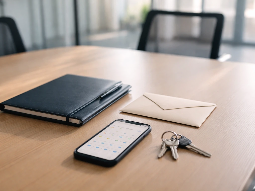 Minimal office desk scene with sealed envelope, folder, and smartphone icon suggesting private liquidity.