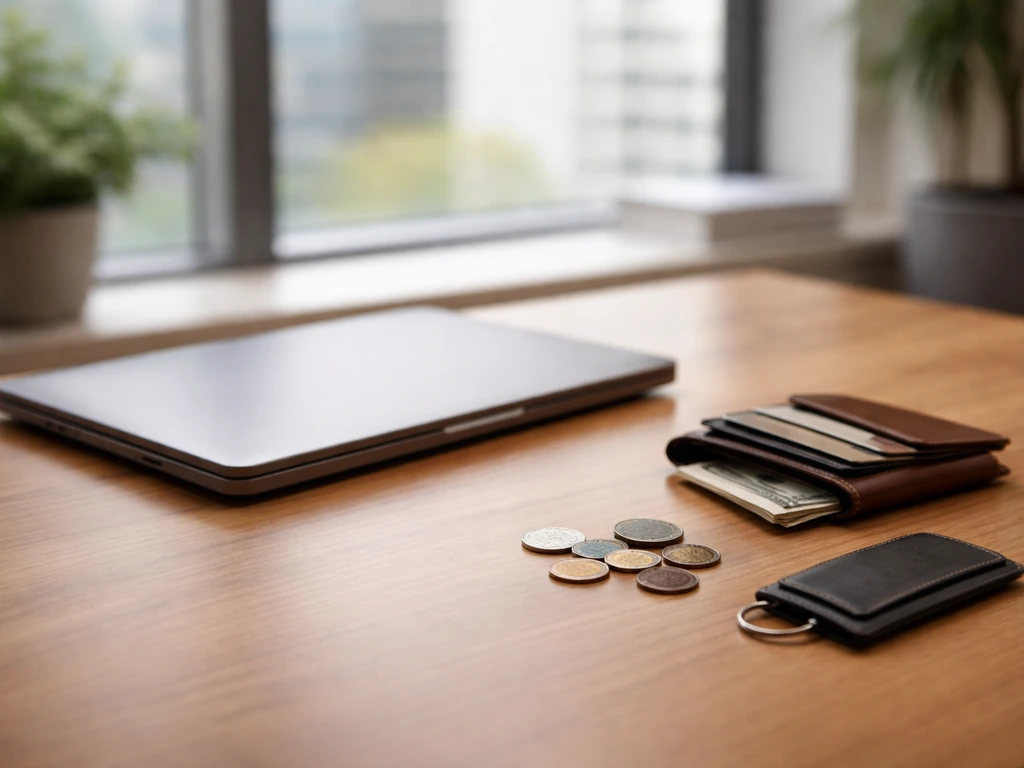 Minimal office desk with a closed laptop, scattered coins, and a small wallet symbolizing a net-worth range estimate.