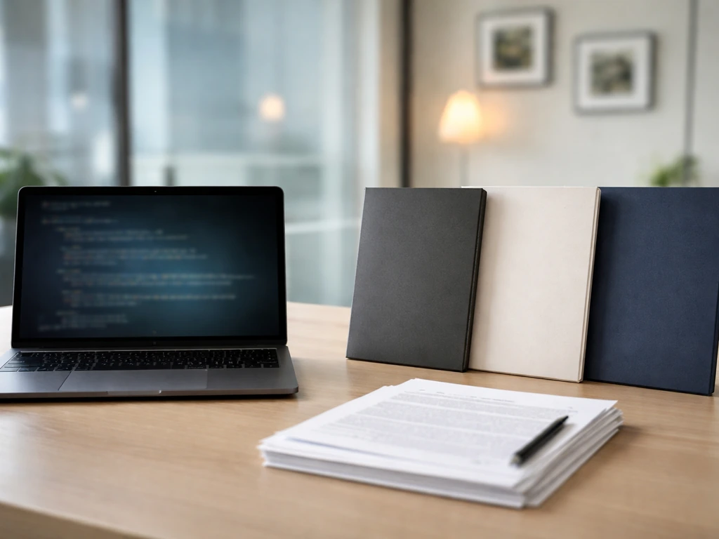 Minimal desk with open laptop and blank folders suggesting an AI career timeline and wealth-building.